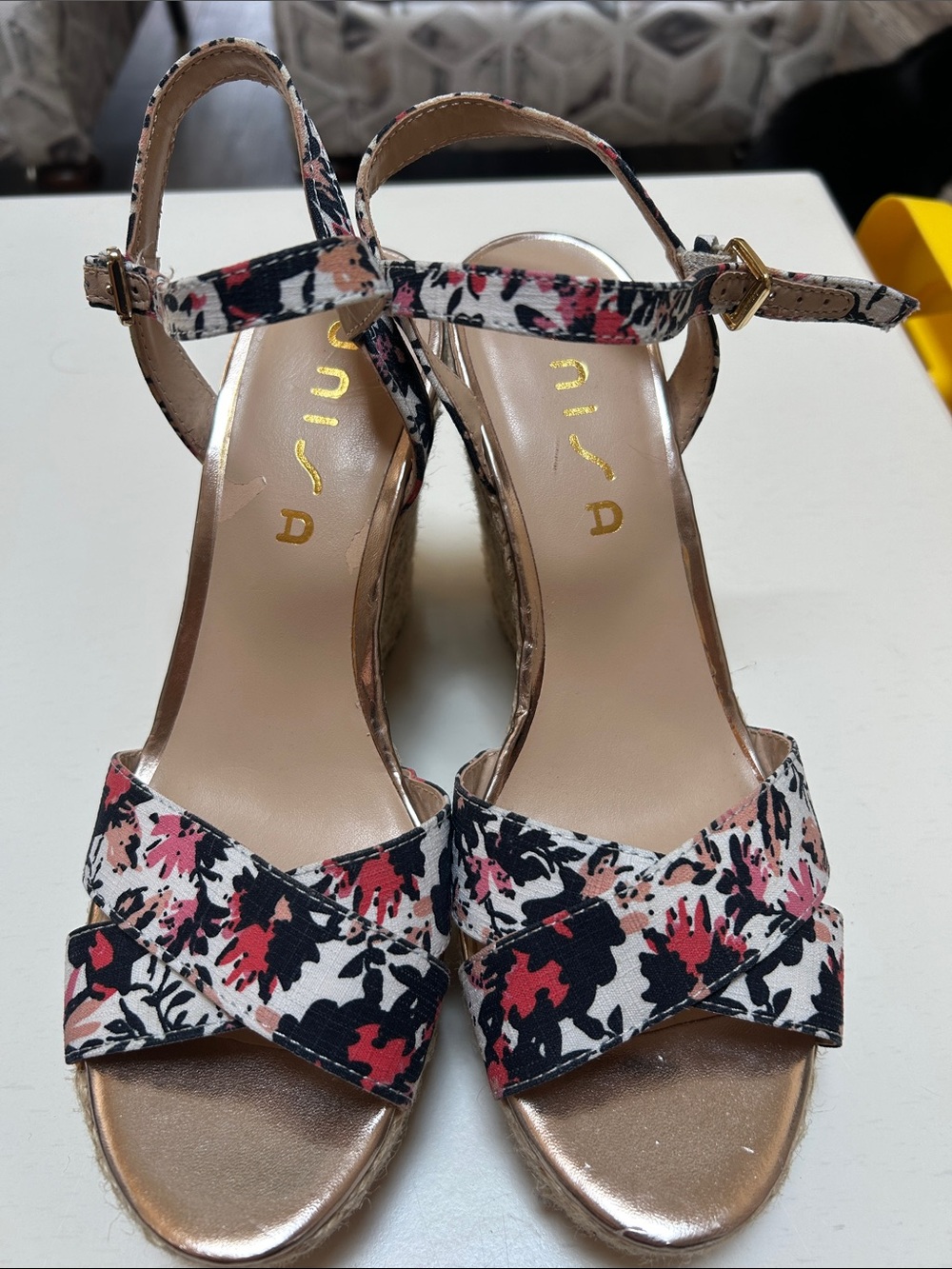 Unisa Floral Ankle-Strap Wedge Sandals in Pink, Black & Cream